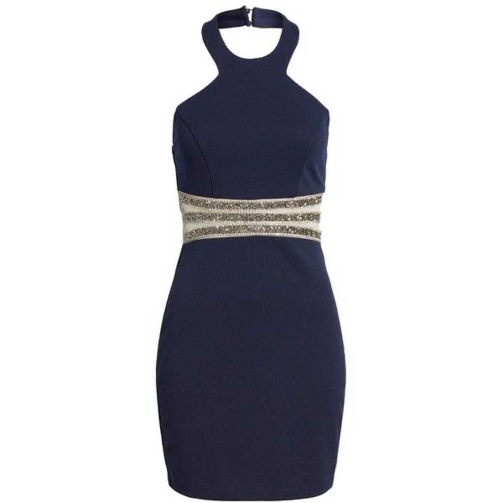 Navy Blue Halter Dress with Beaded Waist